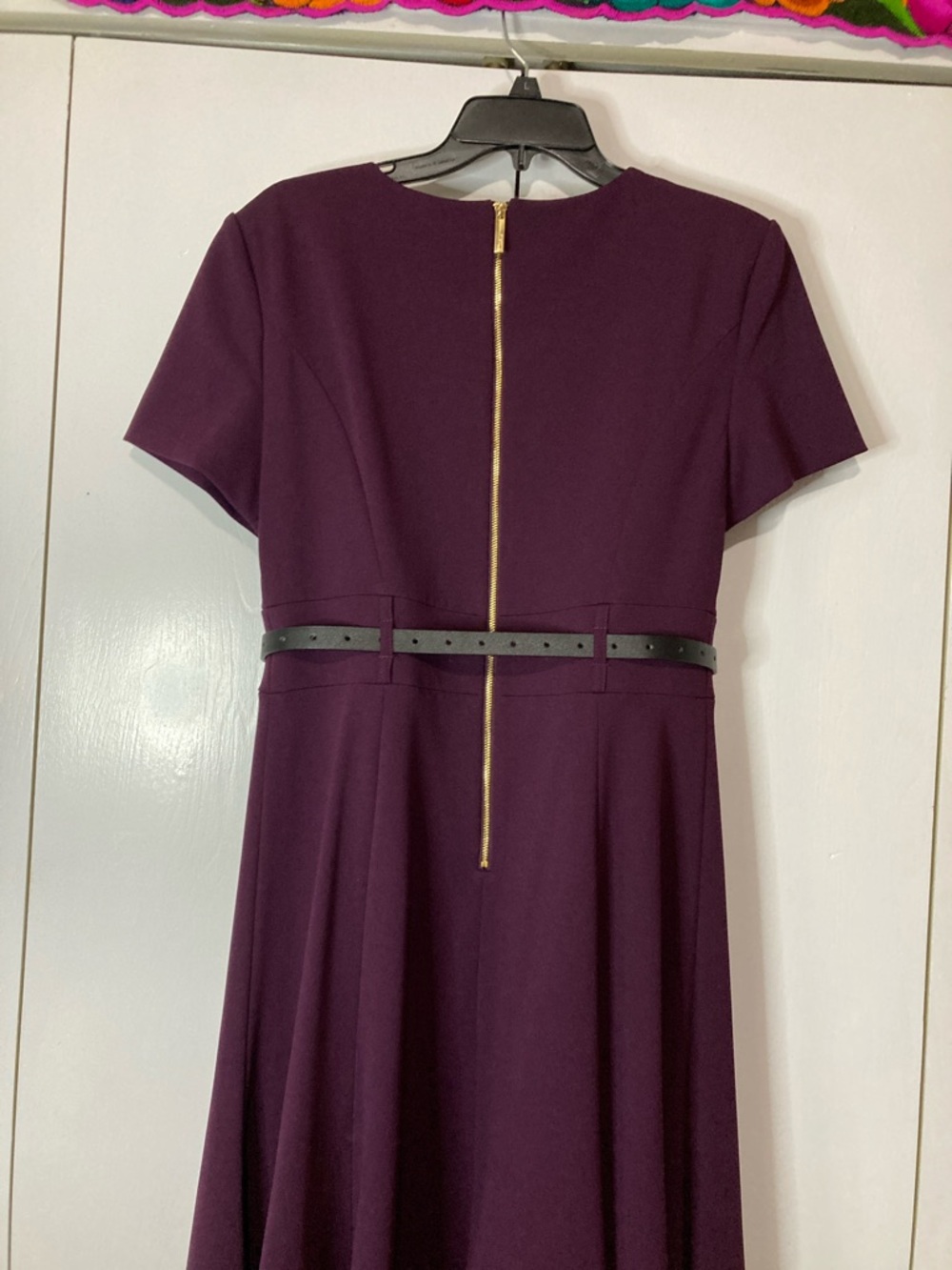 Calvin Klein Size 10 Deep Plum Eggplant Short-Sleeve Fit-and-Flare MIDI Dress - Picture 6 of 15